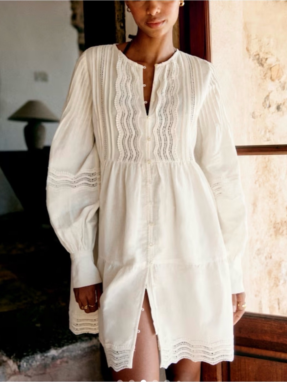 Magaschoni White Linen Blend Lace Trim Button Front Mini Dress XS